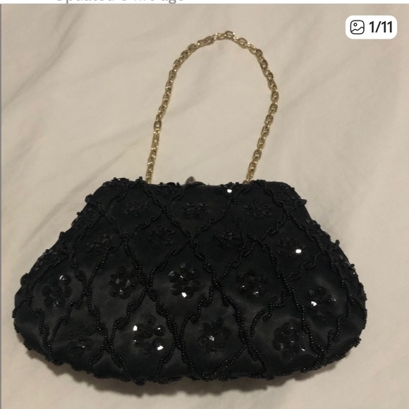 Handbags - Vintage Black Beaded Evening Bag with Gold Chain with bonus Vera scarf